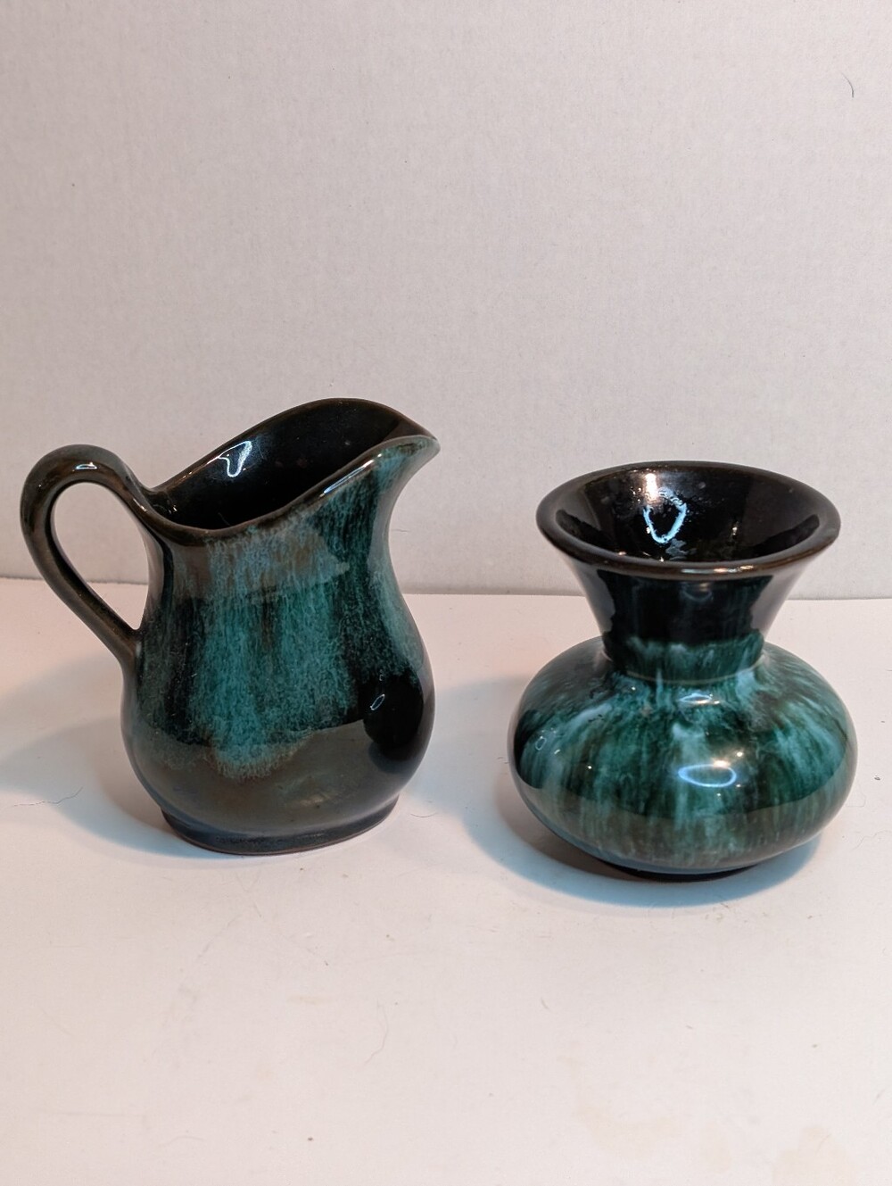 Vintage Blue Mountain Pottery Canada Pitcher And Vase Green Black Drip Glaze
